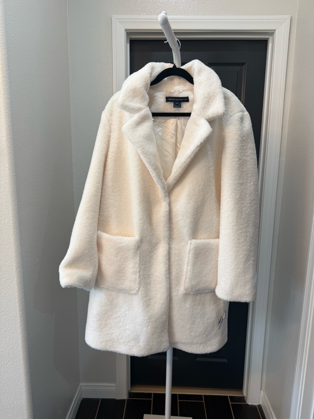 French Connection Cream Teddy Coat Plush Notched Collar Jacket